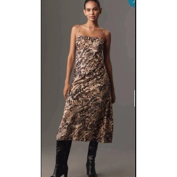 By‎ Anthropologie Square-Neck Slip Dress XS Side Slit Animal Snake Print Edgy - Picture 1 of 7